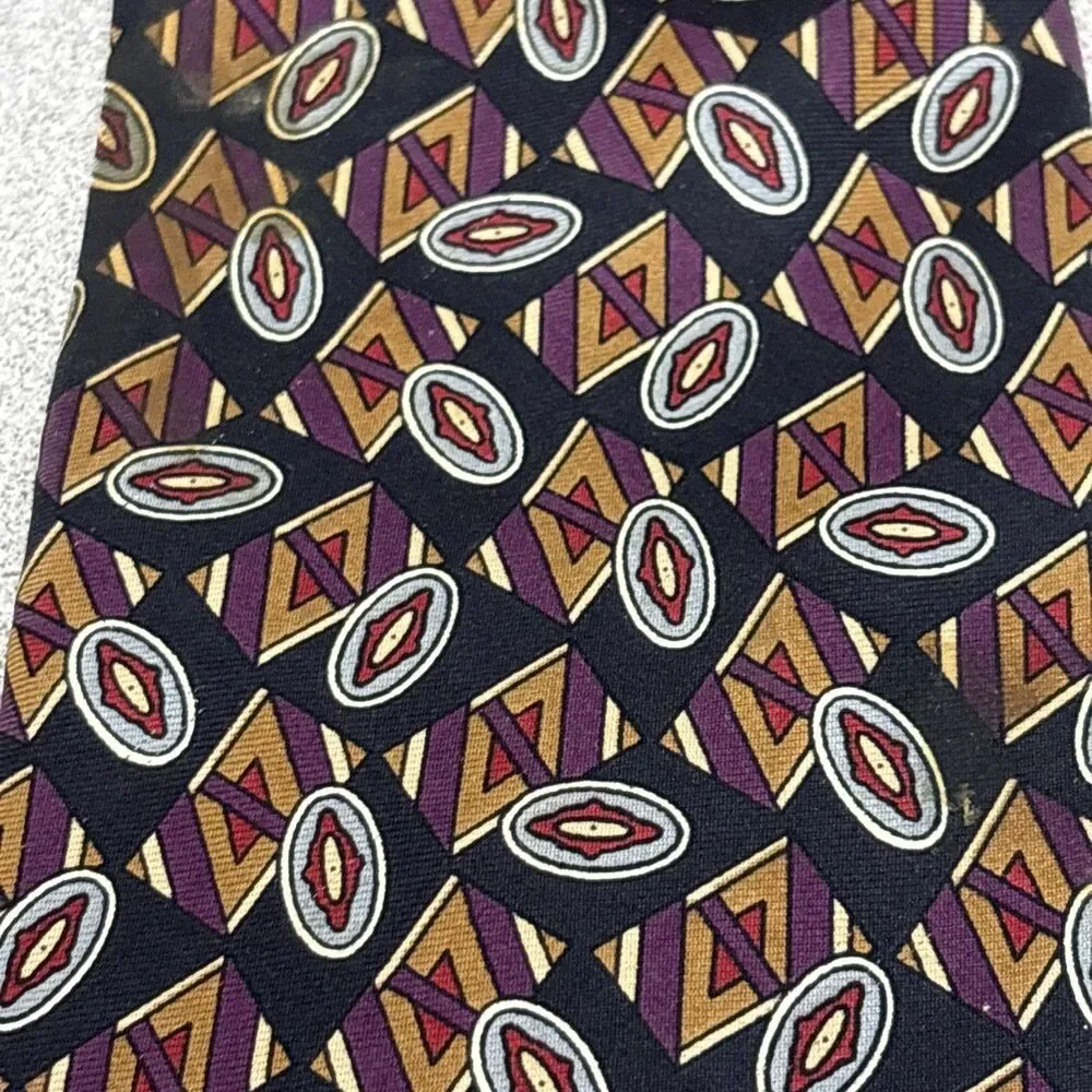 Vintage Sutter & Grant 100% Silk Necktie, Black/Brown/Burgundy Geometric Print